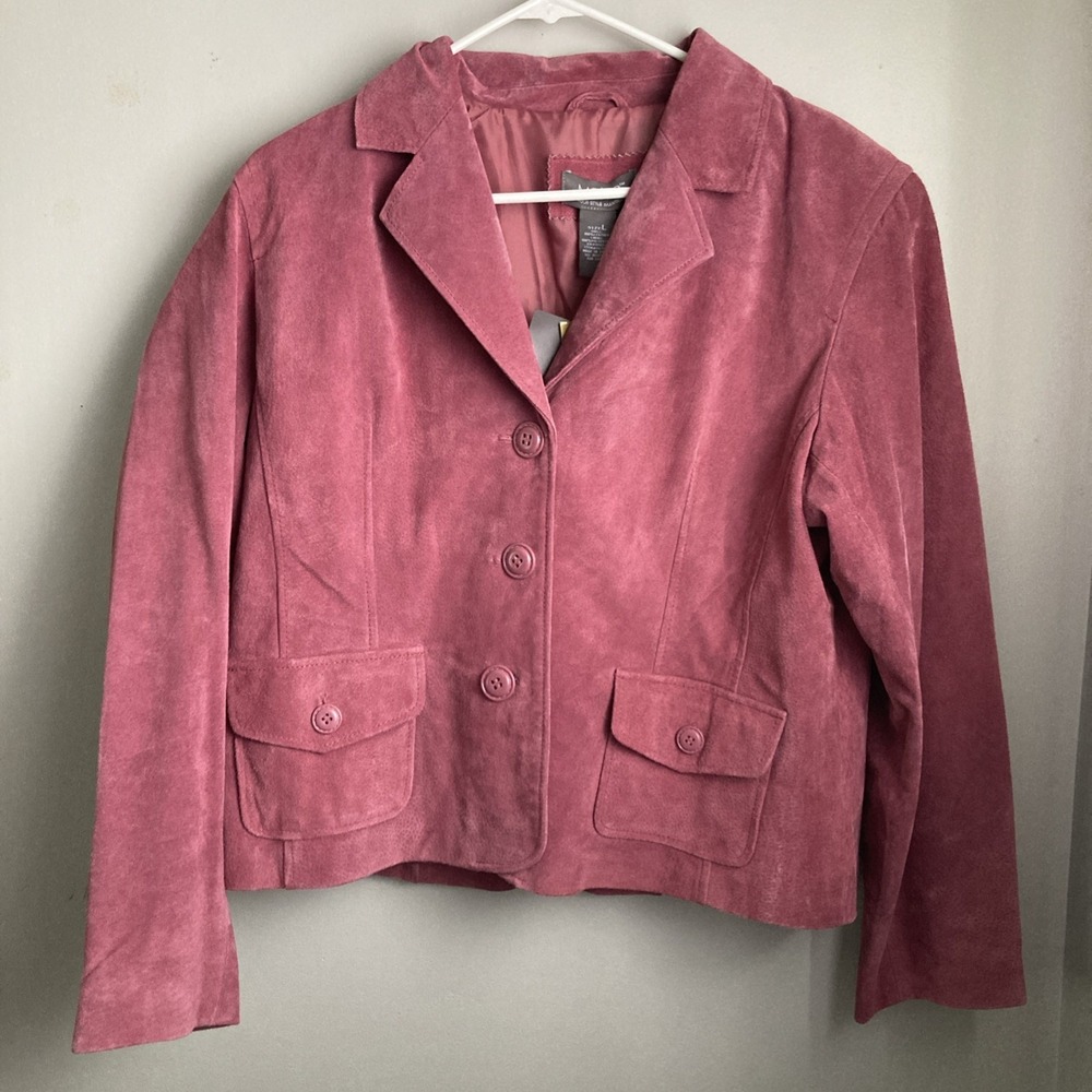 100% Leather size Large Pink Collared jacket w/Shoulder Pads Suede Motto New